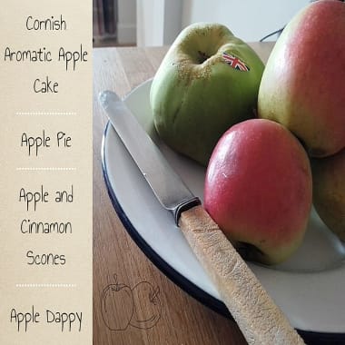 Apples on a plate with old-fashioned knife and the four tasty apple recipes displayed to one side